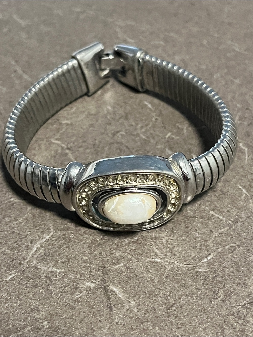 Silver-Tone Stretch Bracelet with Cream Stone Accent- stone needs replacing